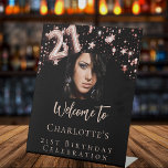 21st birthday black rose gold photo stars welcome pedestal sign<br><div class="desc">A welcome sign for a glamorous 21st birthday party.  A classic black background decorated with rose gold stars.  Personalize and add a photo and name.  Number 21 is written with a balloon style font.</div>