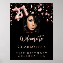 21st birthday black rose gold photo stars welcome poster | Zazzle