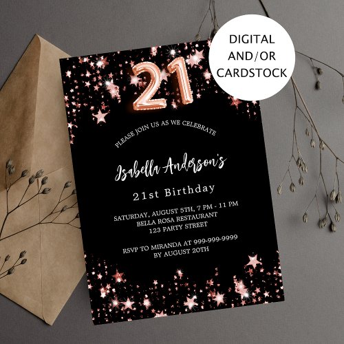 21st birthday black rose gold stars invitation