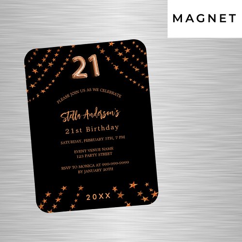 21st birthday black rose gold stars invitation magnet