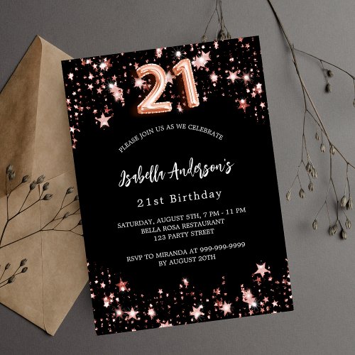 21st birthday black rose gold stars invitation postcard