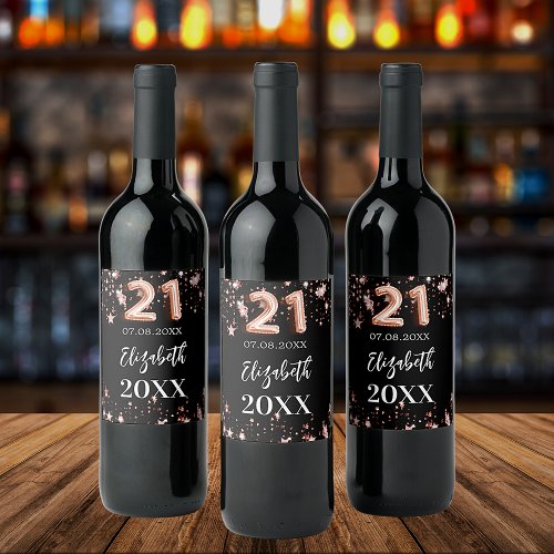21st Birthday black rose gold stars Wine Label