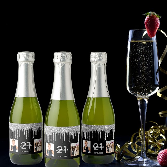 21st birthday black silver glitter drips photo sparkling wine label (Creator Uploaded)