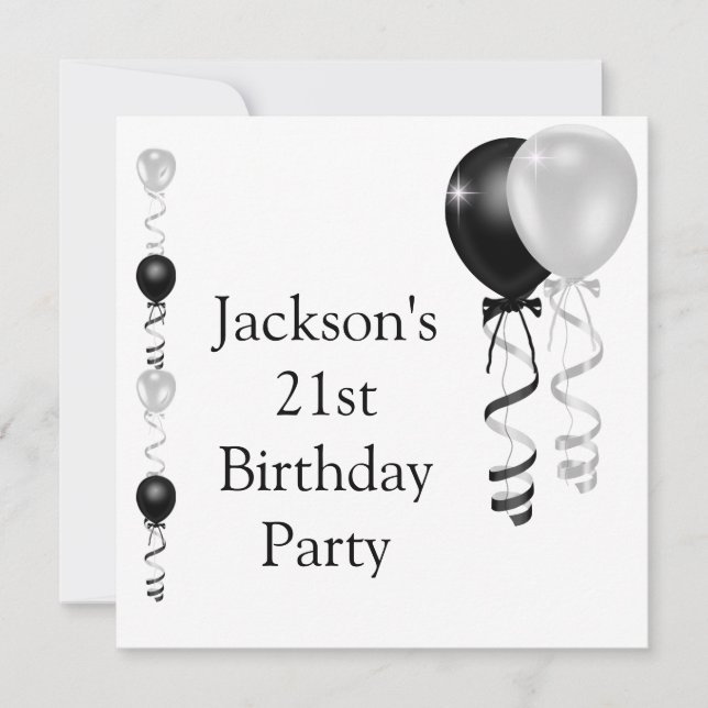 21st Birthday Black Silver White Balloons Invitation (Front)