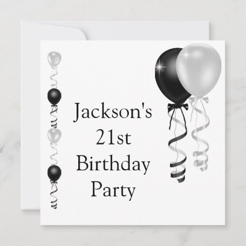 21st Birthday Black Silver White Balloons Custom Invitation