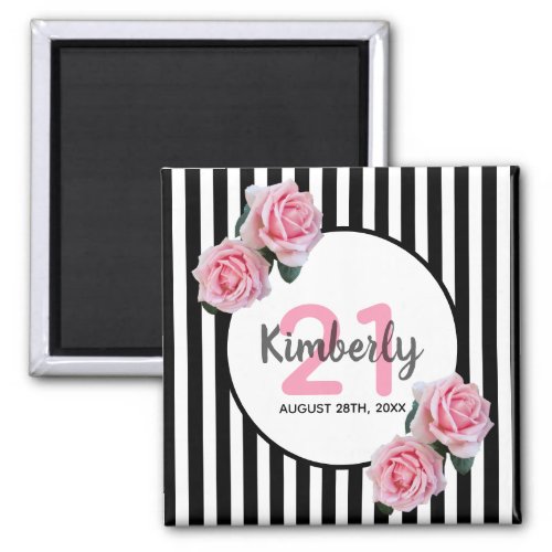 21st birthday black stripes pink florals classic magnet