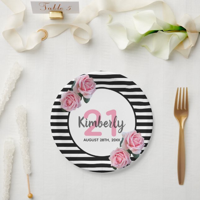 21st birthday black stripes pink florals classic paper plates (Wedding)