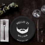 21st birthday black white beard fun guys men paper plates<br><div class="desc">A modern paper plate for a 21st birthday party for guys in black and white.  With the text: Hello 21. With an image of a beard. Templates for a name and date.
Matching napkins available in our store!</div>