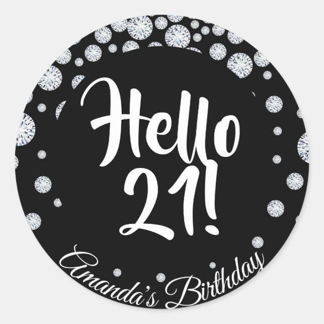 21st birthday black white name diamonds glam classic round sticker (Front)