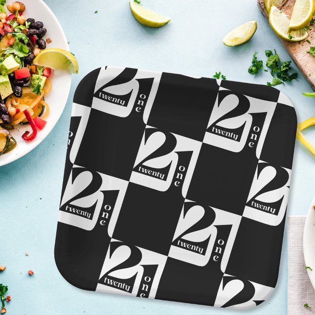 21st Birthday Black White Pattern Birthday Party Paper Plates (Creator Uploaded)