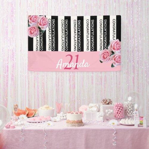 21st birthday black white stripes pink florals banner