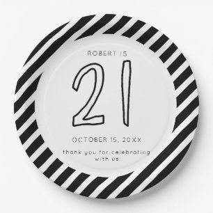 21st Birthday Black & White Stripes Simple Modern Paper Plates