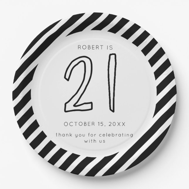 21st Birthday Black & White Stripes Simple Modern Paper Plates (Front)