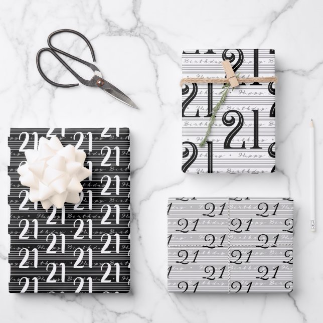 21st Birthday Black White Typography Numbers Wrapping Paper Sheets (Front)