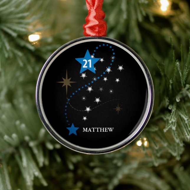 21st Birthday Blue and Black Personalized Metal Ornament (Tree)