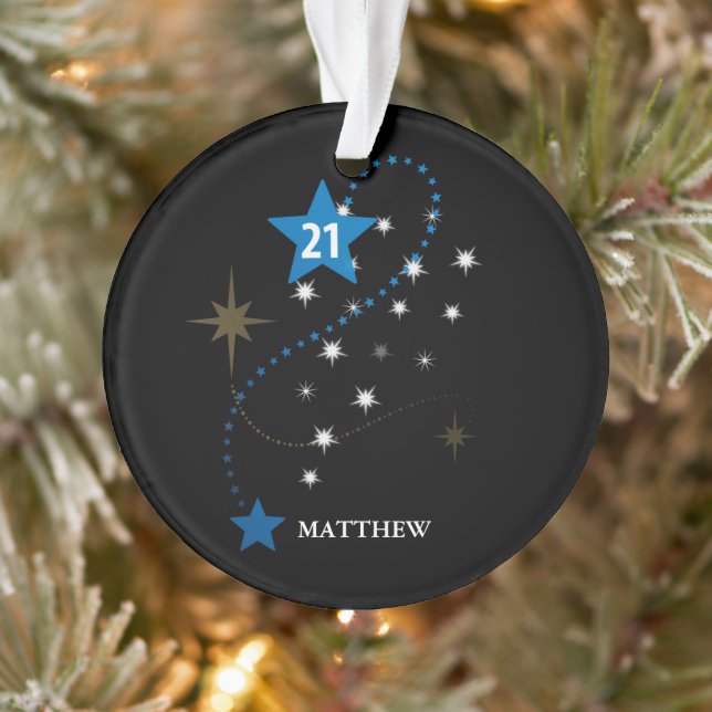 21st Birthday Blue and Black Personalized Ornament (Tree)