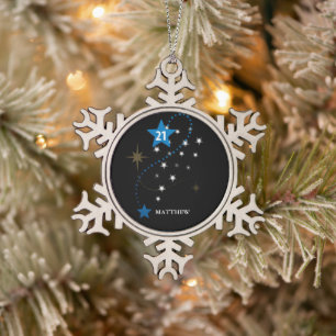 21st Birthday Blue and Black Personalized Snowflake Pewter Christmas Ornament