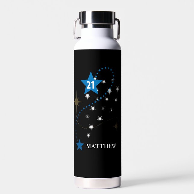 21st Birthday Blue and Black Personalized Water Bottle (Front)