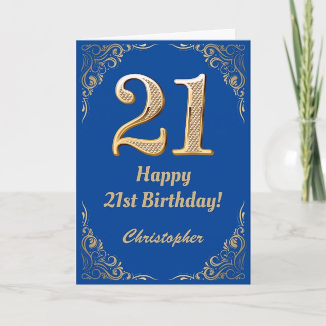 21st Birthday Blue and Gold Glitter Frame Card (Front)