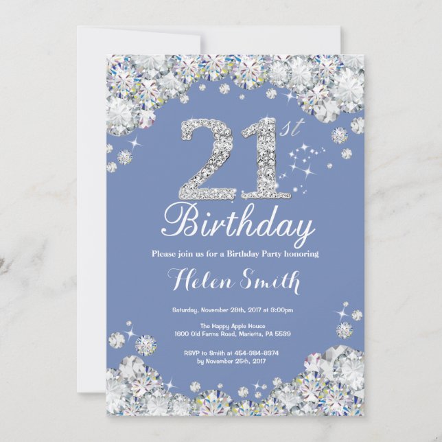 21st Birthday Blue and Silver Diamond Invitation (Front)