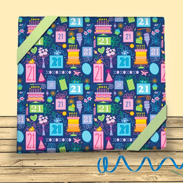 21st Birthday Blue Cake Presents Balloons  Wrapping Paper Sheets (Creator Uploaded)