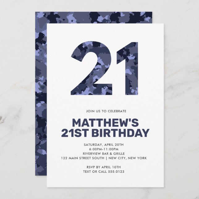 21ST Birthday, Blue Camo Personalized Invitation (Front/Back)