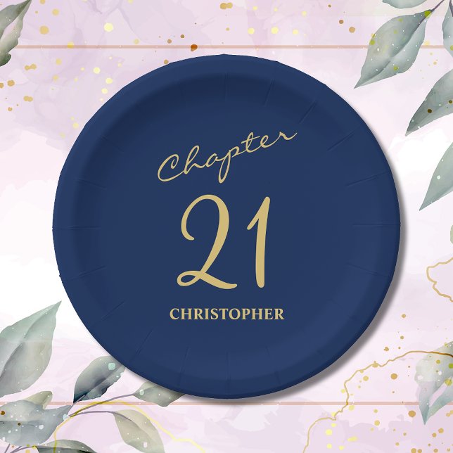 21st Birthday Blue Gold Chapter 21 Paper Plates (Make your loved one's 21st birthday celebration memorable with our stunning Blue Gold paper plates)