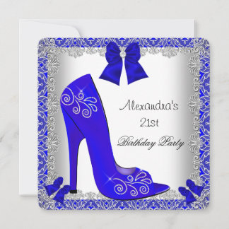 21st Birthday Blue High Heel Shoe Silver Lace Invitation