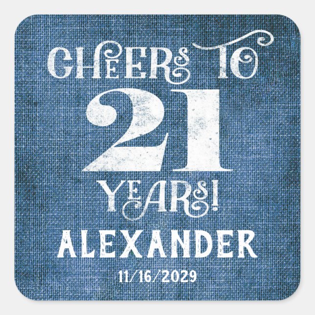 21st Birthday Blue Linen Thank You Favor Stickers (Front)