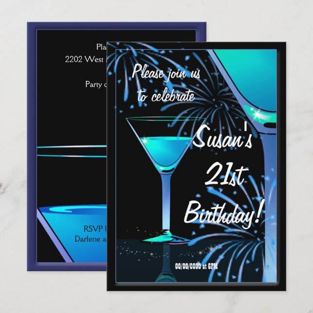 21st Birthday Blue Martini Cocktail Party Invitation (Front/Back)