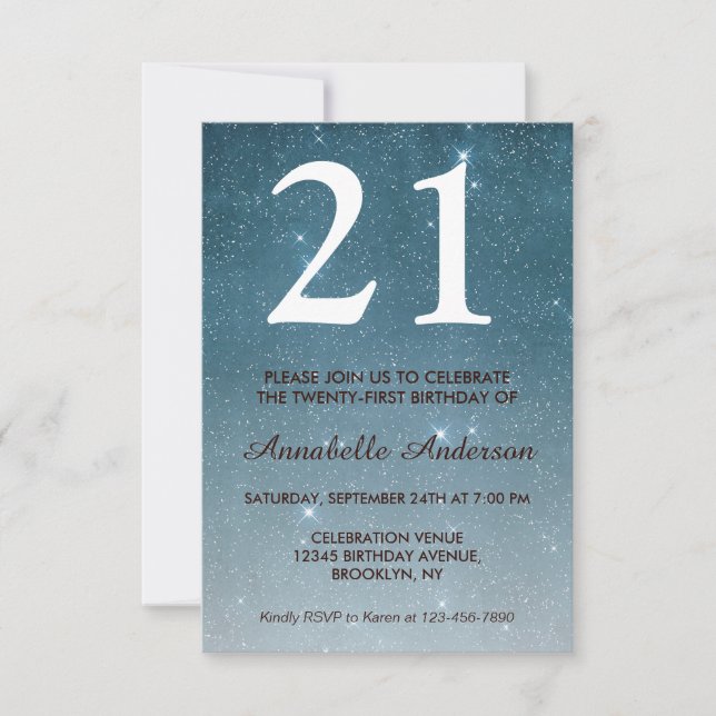 21st Birthday Blue Midnight Night Sky Star Sparkle Invitation (Front)