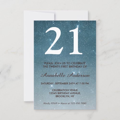 21st Birthday Blue Midnight Night Sky Star Sparkle Invitation