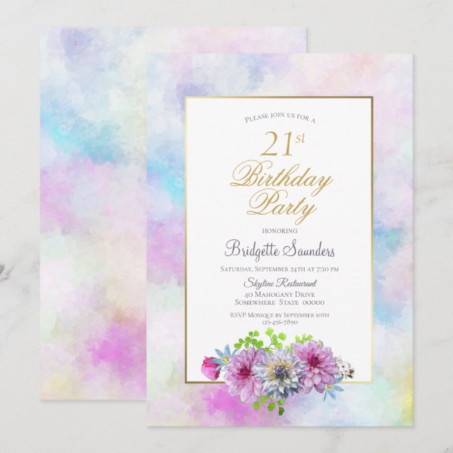21st Birthday Blue Pink Floral Gold Pastel Border Invitation (Front/Back)