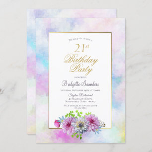21st Birthday Blue Pink Floral Gold Pastel Border Invitation