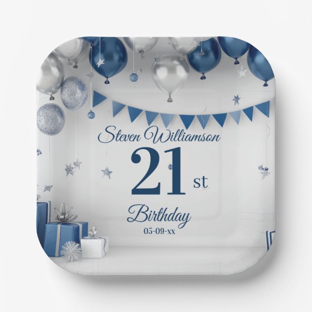 21st Birthday Blue Silver  Paper Plates (Front)