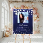 21st Birthday blue silver stars photo welcome Foam Board<br><div class="desc">A welcome board for a 21st birthday party.  A navy blue background with elegant faux silver stars. The blue color is uneven.  Personalize and add a photo,  name and text.  White letters. 
Back: no design</div>