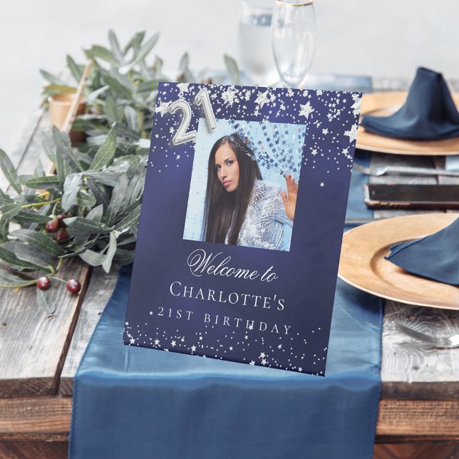 21st Birthday blue silver stars photo welcome Pedestal Sign (Creator Uploaded)