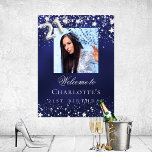21st Birthday blue silver stars photo welcome Poster<br><div class="desc">A welcome poster for a 21st birthday party.  A navy blue background with elegant faux silver stars. The blue color is uneven.  Personalize and add a photo,  name and text.  White letters.</div>