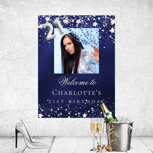 21st Birthday blue silver stars photo welcome Poster