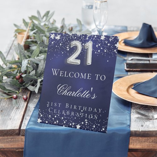 21st Birthday blue silver stars welcome party Pedestal Sign