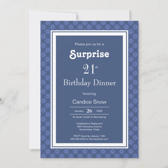21st Birthday Blue White Pattern Surprise  Dinner Invitation (Front)