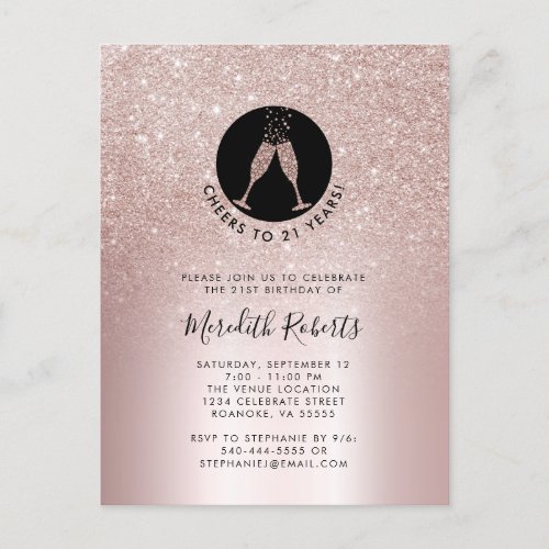 21st Birthday Blush Glitter Champagne Invitation Postcard