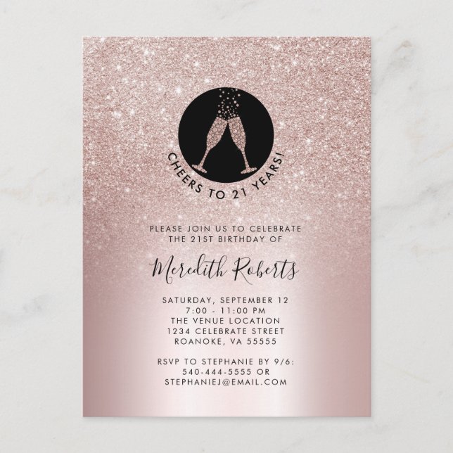 21st Birthday Blush Glitter Champagne Invitation Postcard (Front)