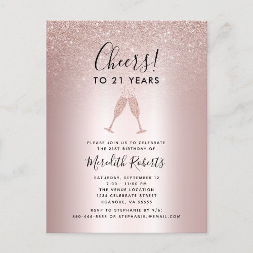 21st Birthday Blush Glitter Champagne Toast Invite