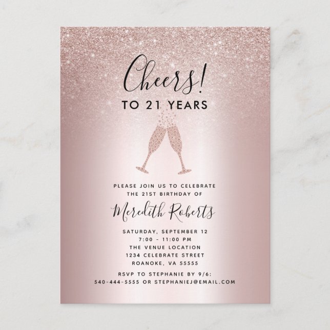 21st Birthday Blush Glitter Champagne Toast Invite (Front)