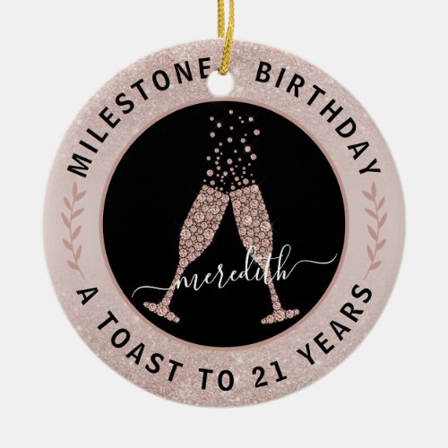  21st Birthday Blush Glitter Champagne Toast Name Ceramic Ornament