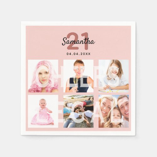 21st birthday blush photo collage rose gold legal napkins