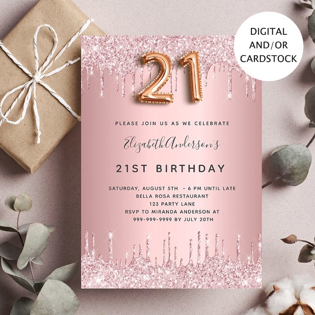 21st Birthday blush pink dusty rose glitter drips Invitation (Creator Uploaded)