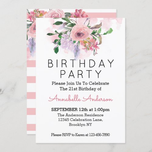 21st Birthday Blush Pink Floral Watercolor Stripes Invitation