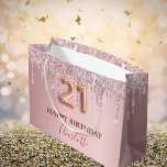 21st birthday blush pink glitter drips monogram large gift bag<br><div class="desc">Elegant, classic, glamorous and feminine for a 21st birthday party. A chic blush pink gradient background. Decorated with faux glitter drips, paint dripping look. Personalize and add a name. With the text: Happy Birthday. The name is written with a modern dark rose colored hand lettered style script. Number 21 is...</div>